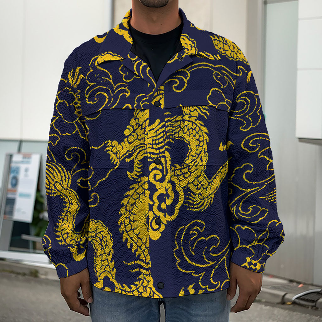 Gold Japanese Dragon Pattern Print Men's Shirt Jacket