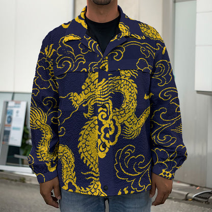 Gold Japanese Dragon Pattern Print Men's Shirt Jacket