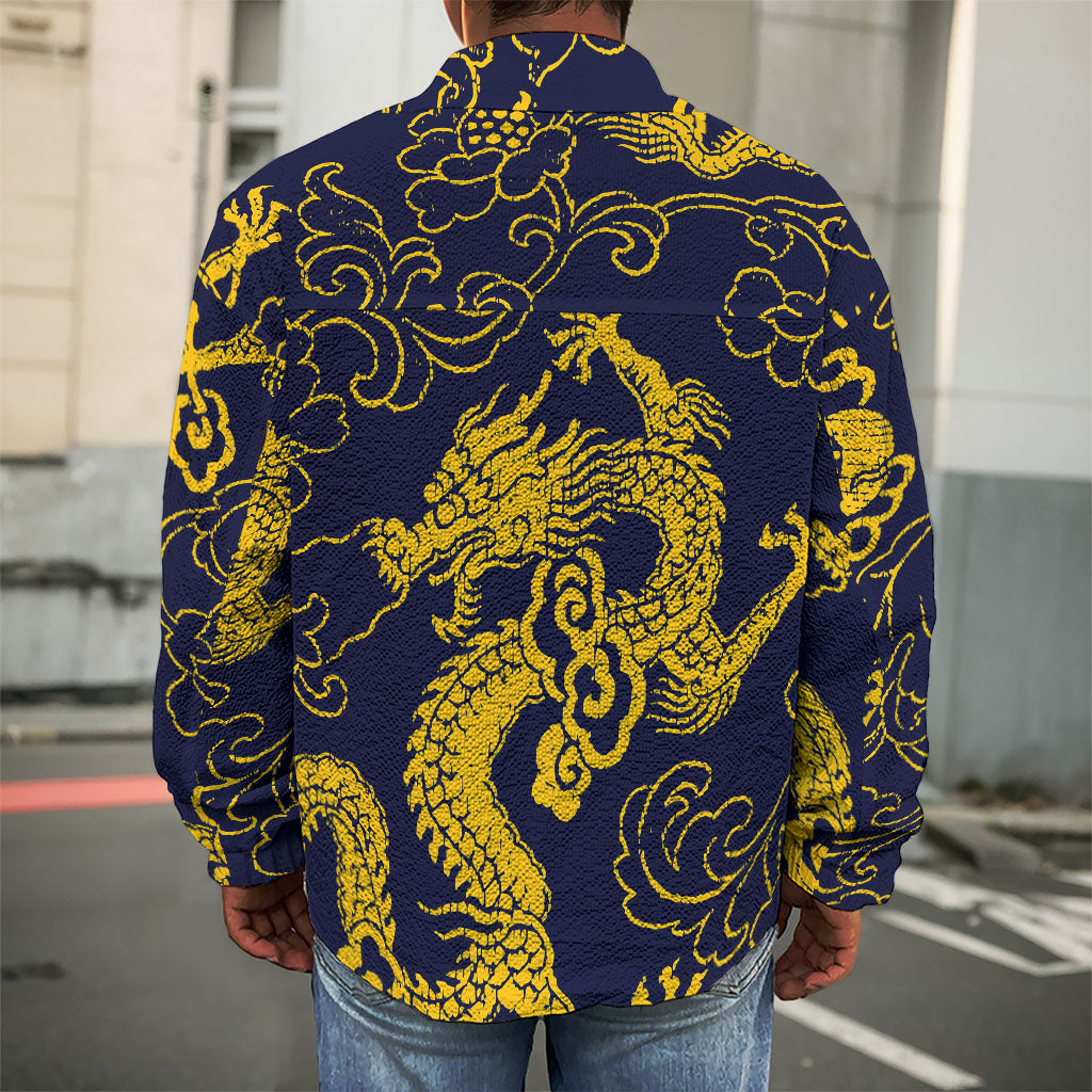 Gold Japanese Dragon Pattern Print Men's Shirt Jacket