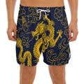 Gold Japanese Dragon Pattern Print Men's Split Running Shorts