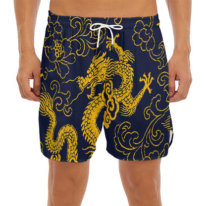 Gold Japanese Dragon Pattern Print Men's Split Running Shorts