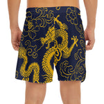 Gold Japanese Dragon Pattern Print Men's Split Running Shorts