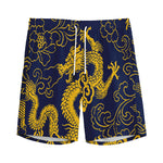 Gold Japanese Dragon Pattern Print Men's Sports Shorts