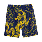 Gold Japanese Dragon Pattern Print Men's Sports Shorts