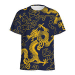 Gold Japanese Dragon Pattern Print Men's Sports T-Shirt