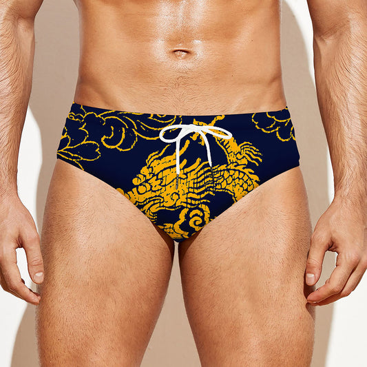 Gold Japanese Dragon Pattern Print Men's Swim Briefs