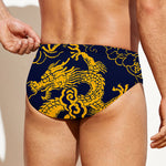 Gold Japanese Dragon Pattern Print Men's Swim Briefs