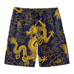 Gold Japanese Dragon Pattern Print Men's Swim Trunks