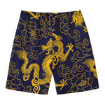 Gold Japanese Dragon Pattern Print Men's Swim Trunks