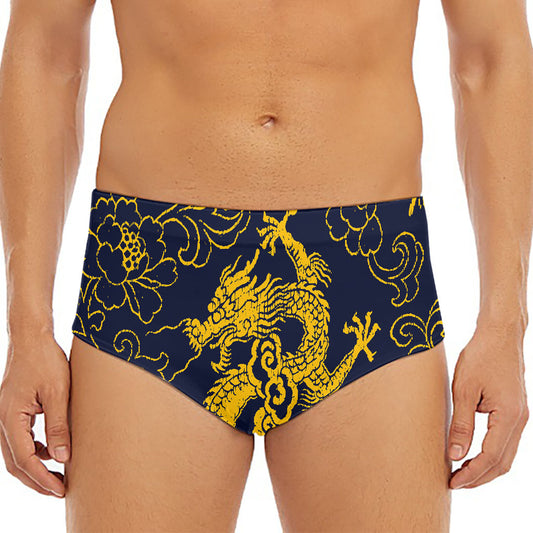 Gold Japanese Dragon Pattern Print Men's Triangle Swim Briefs