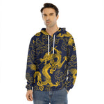 Gold Japanese Dragon Pattern Print Men's Velvet Pullover Hoodie