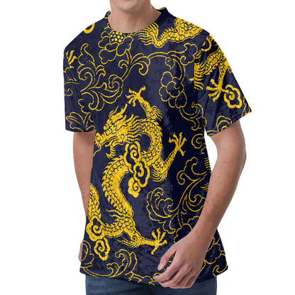 Gold Japanese Dragon Pattern Print Men's Velvet T-Shirt