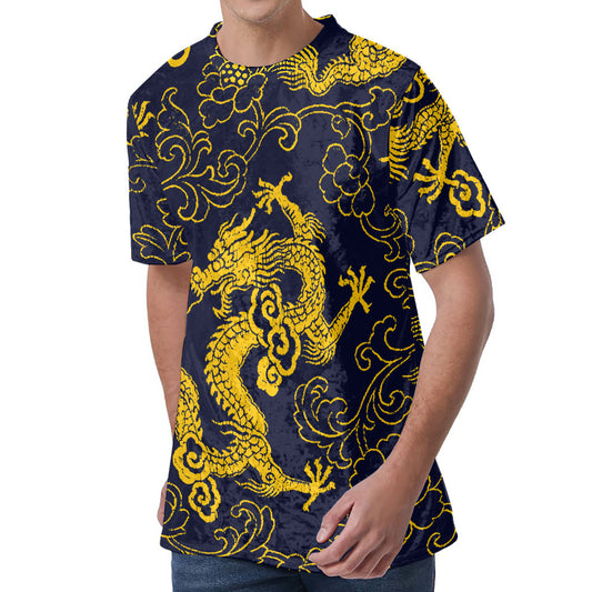 Gold Japanese Dragon Pattern Print Men's Velvet T-Shirt
