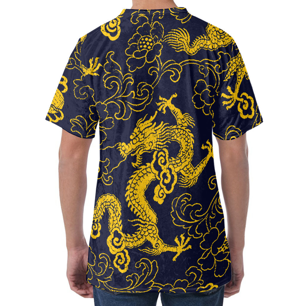 Gold Japanese Dragon Pattern Print Men's Velvet T-Shirt