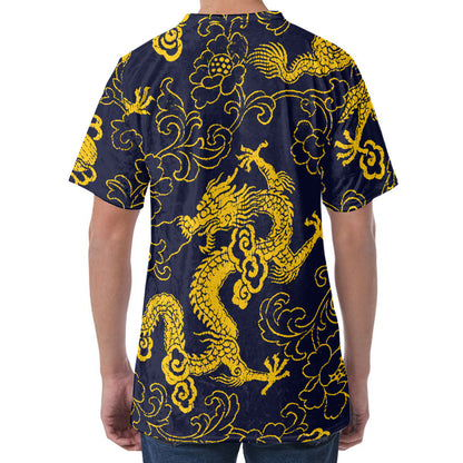 Gold Japanese Dragon Pattern Print Men's Velvet T-Shirt