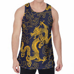 Gold Japanese Dragon Pattern Print Men's Velvet Tank Top