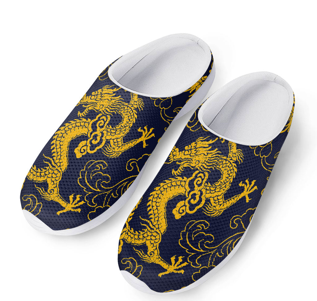 Gold Japanese Dragon Pattern Print Mesh Casual Shoes