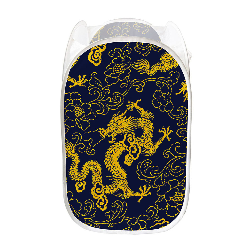 Gold Japanese Dragon Pattern Print Mesh Laundry Hamper