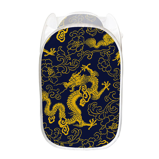 Gold Japanese Dragon Pattern Print Mesh Laundry Hamper