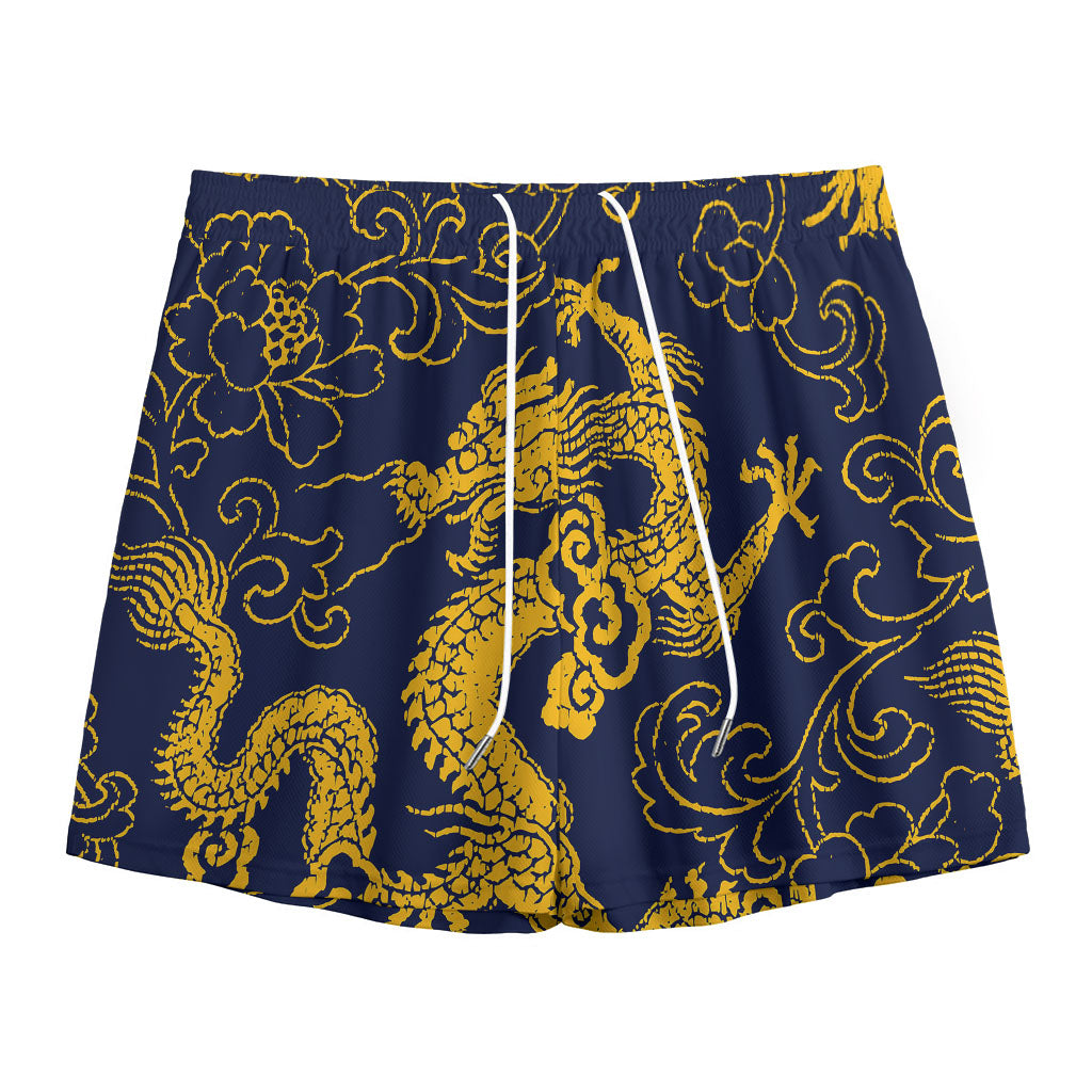 Gold Japanese Dragon Pattern Print Mesh Shorts
