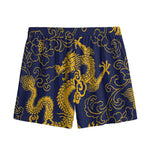 Gold Japanese Dragon Pattern Print Mesh Shorts