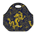 Gold Japanese Dragon Pattern Print Neoprene Lunch Bag