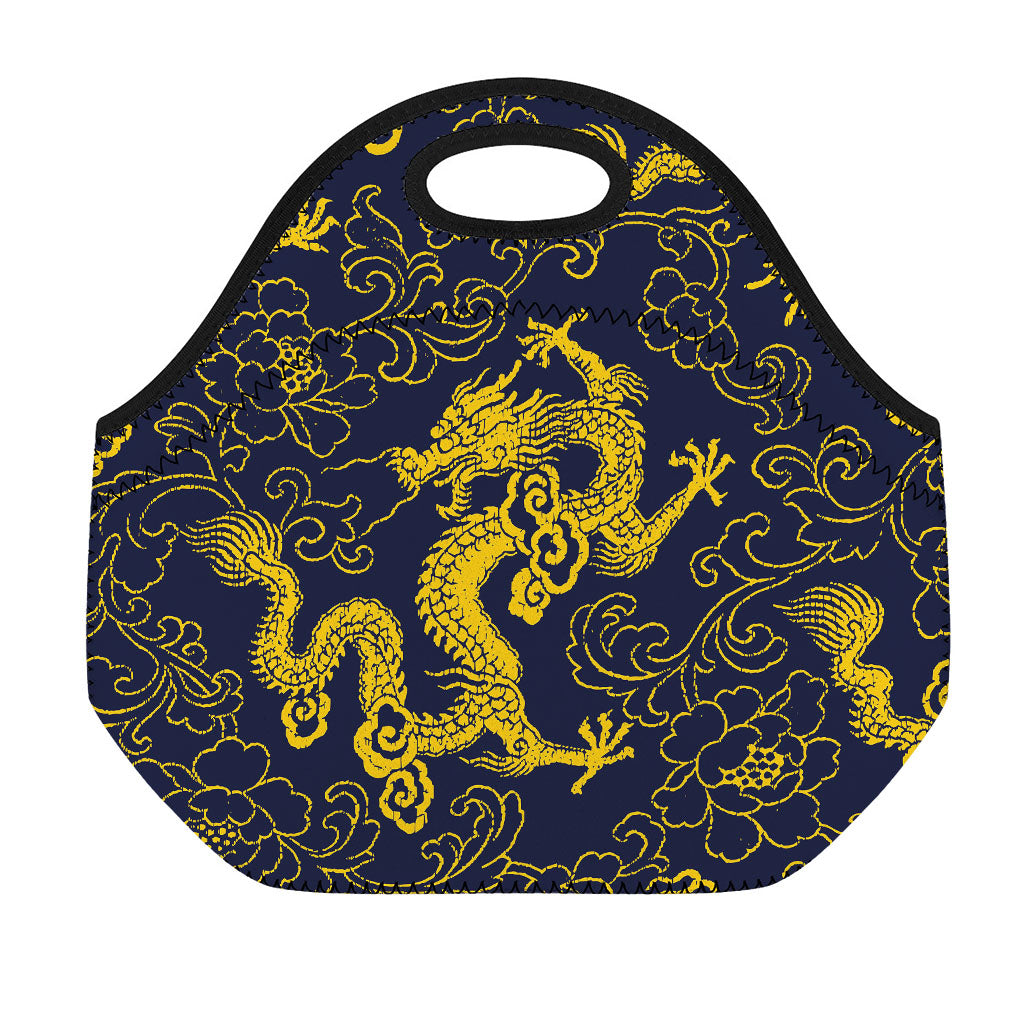 Gold Japanese Dragon Pattern Print Neoprene Lunch Bag
