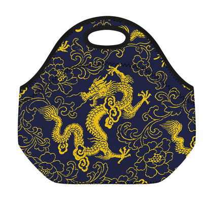 Gold Japanese Dragon Pattern Print Neoprene Lunch Bag