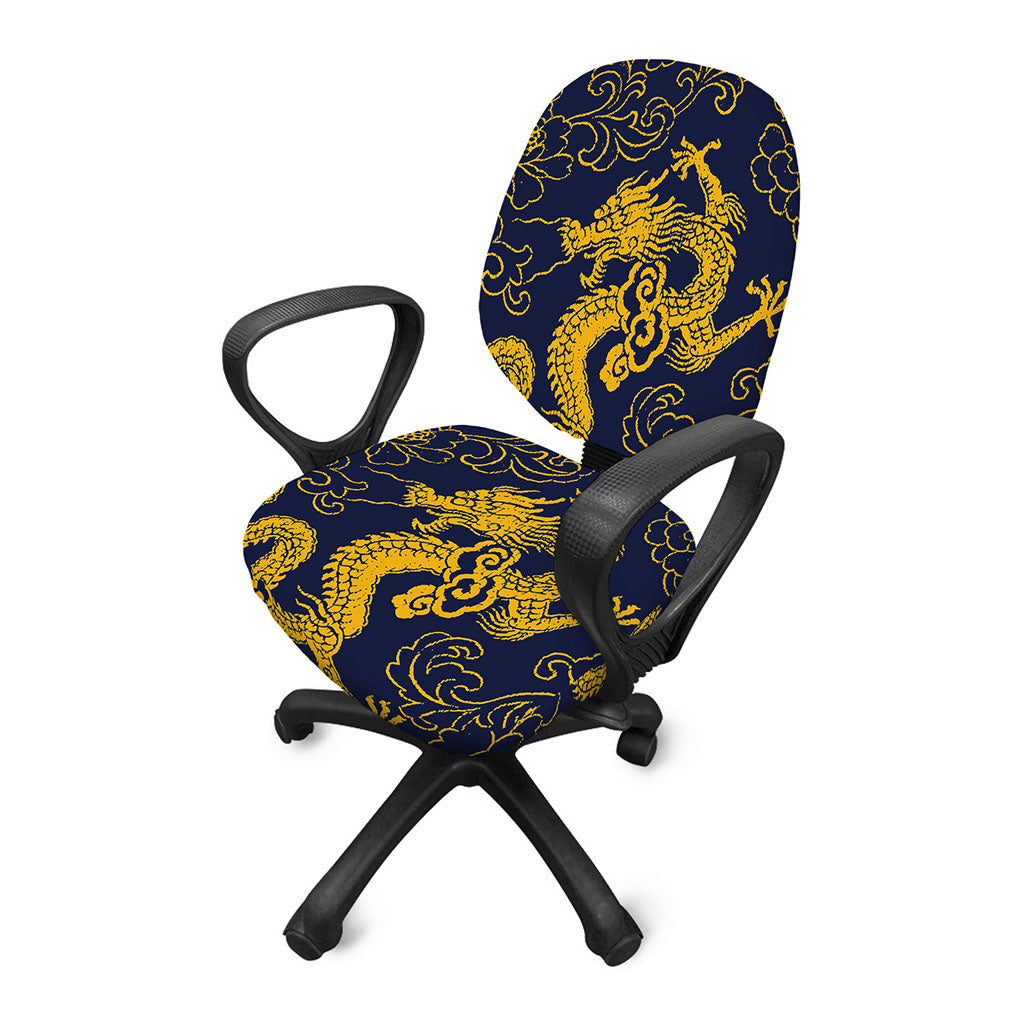 Gold Japanese Dragon Pattern Print Office Chair Cover