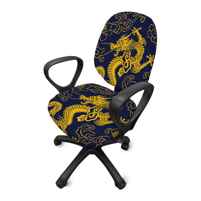Gold Japanese Dragon Pattern Print Office Chair Cover