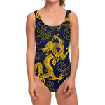 Gold Japanese Dragon Pattern Print One Piece Swimsuit