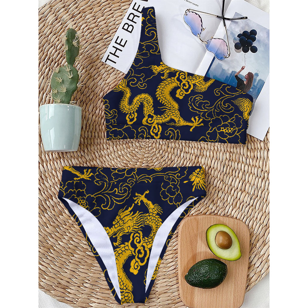 Gold Japanese Dragon Pattern Print One Shoulder Bikini Top