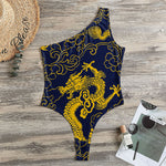 Gold Japanese Dragon Pattern Print One Shoulder Bodysuit