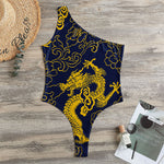 Gold Japanese Dragon Pattern Print One Shoulder Bodysuit