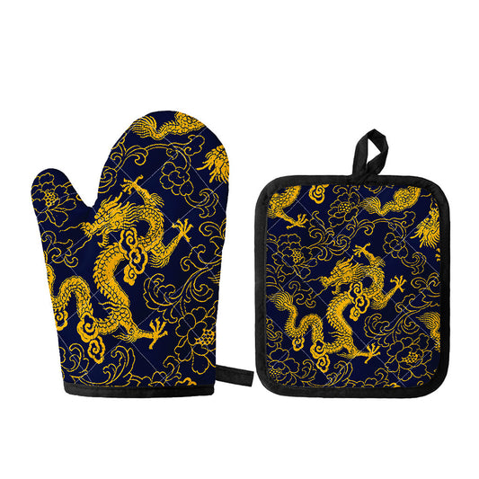 Gold Japanese Dragon Pattern Print Oven Mitt And Pot Holder Set