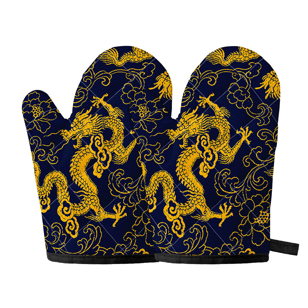 Gold Japanese Dragon Pattern Print Oven Mitts