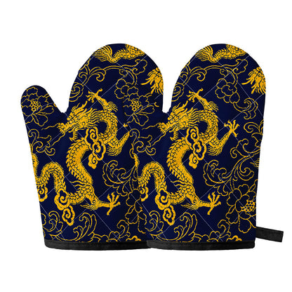 Gold Japanese Dragon Pattern Print Oven Mitts