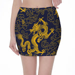 Gold Japanese Dragon Pattern Print Pencil Mini Skirt