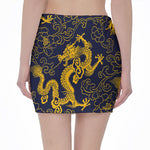 Gold Japanese Dragon Pattern Print Pencil Mini Skirt
