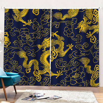 Gold Japanese Dragon Pattern Print Pencil Pleat Curtains