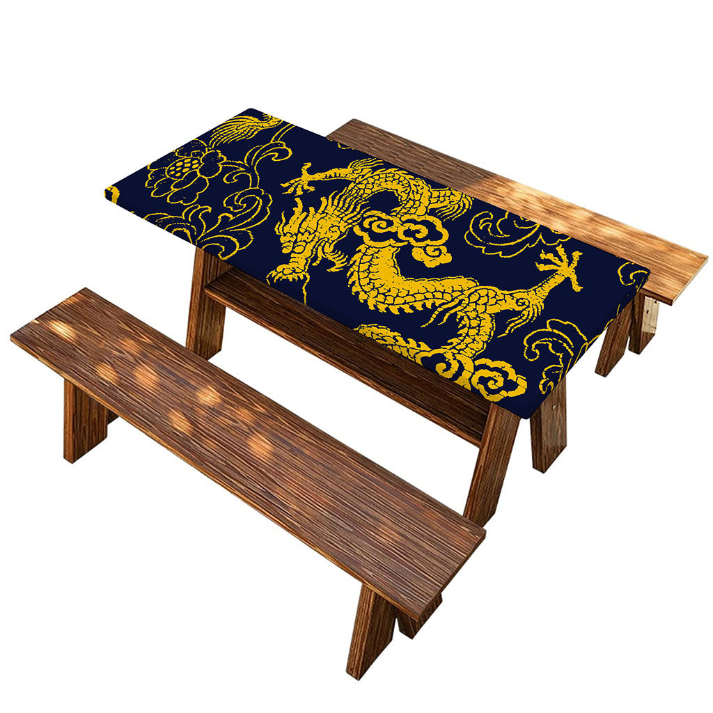Gold Japanese Dragon Pattern Print Picnic Table Cover