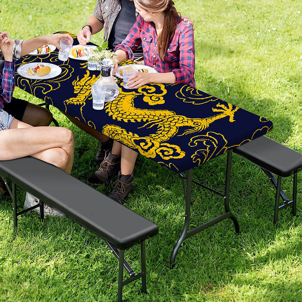 Gold Japanese Dragon Pattern Print Picnic Table Cover