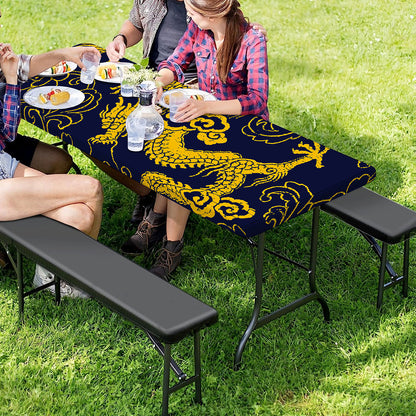 Gold Japanese Dragon Pattern Print Picnic Table Cover