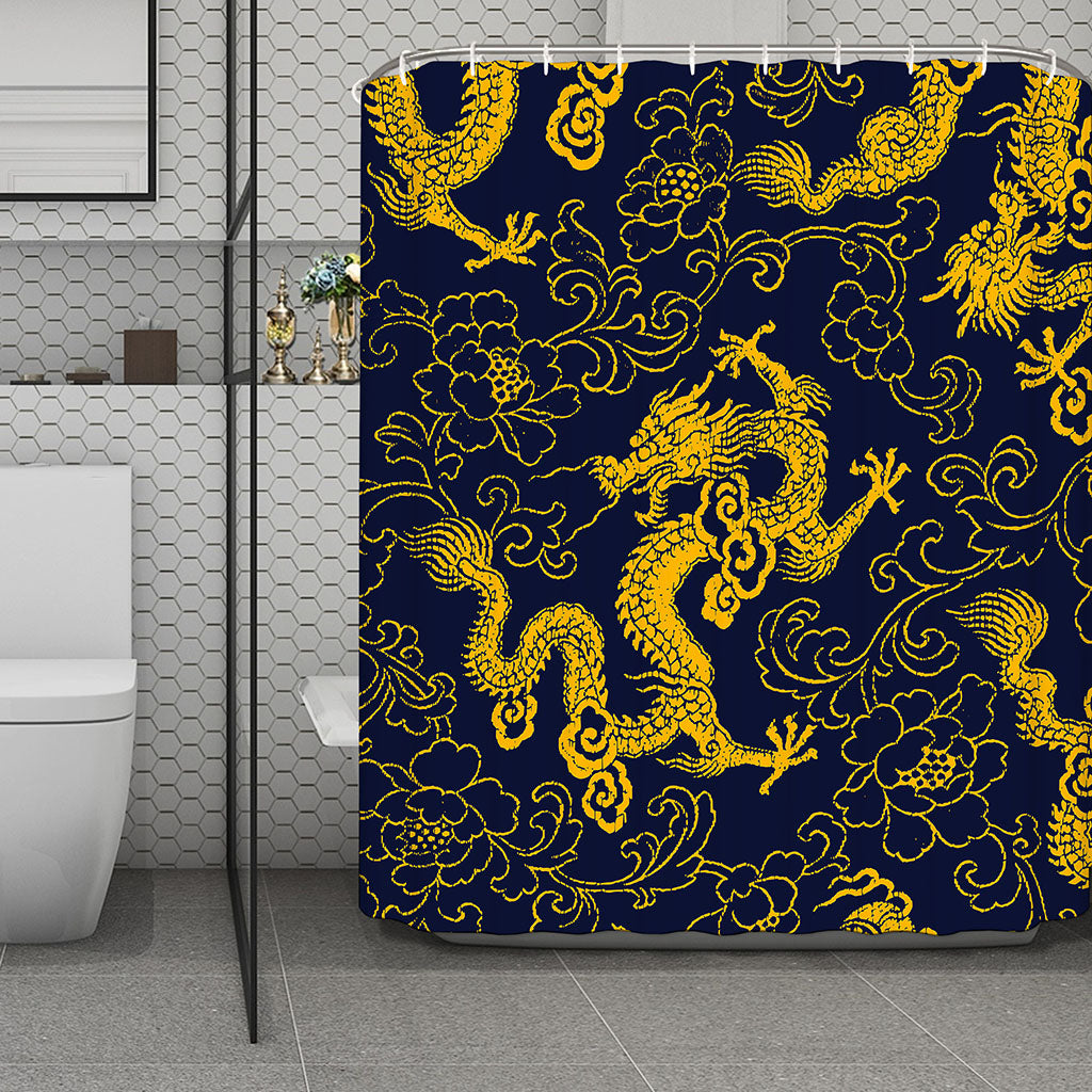 Gold Japanese Dragon Pattern Print Polyester Shower Curtain