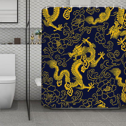 Gold Japanese Dragon Pattern Print Polyester Shower Curtain