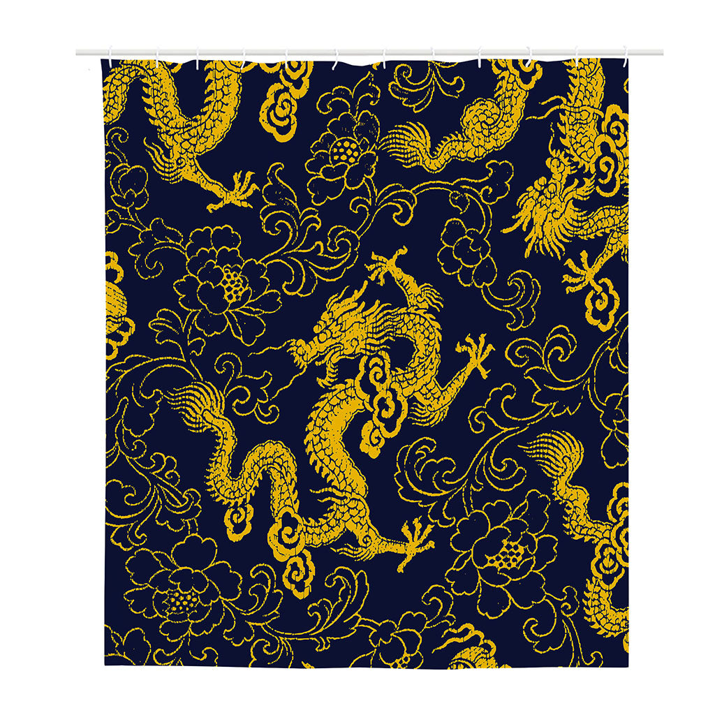 Gold Japanese Dragon Pattern Print Polyester Shower Curtain