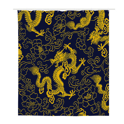 Gold Japanese Dragon Pattern Print Polyester Shower Curtain