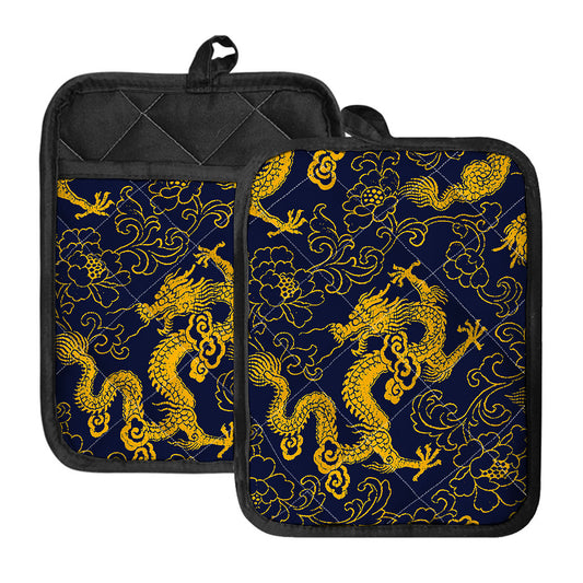 Gold Japanese Dragon Pattern Print Pot Holders With Pocket