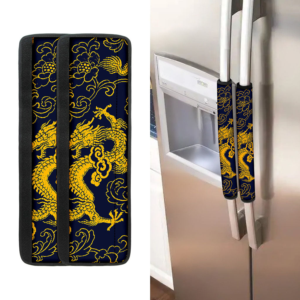 Gold Japanese Dragon Pattern Print Refrigerator Handle Covers