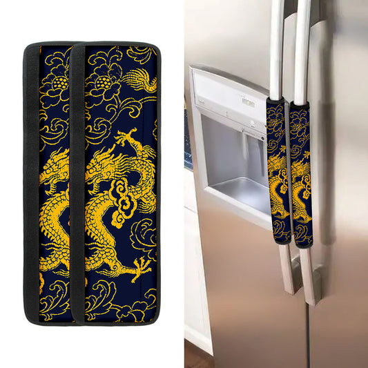Gold Japanese Dragon Pattern Print Refrigerator Handle Covers